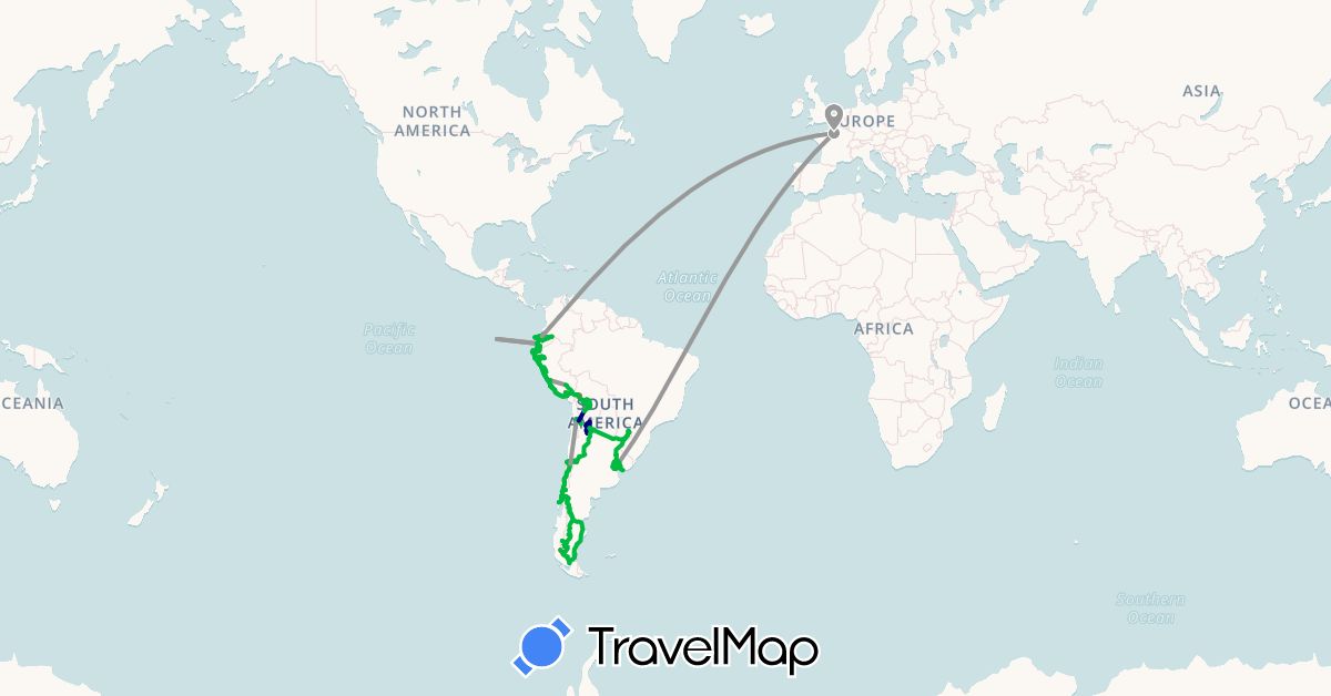 TravelMap itinerary: driving, bus, plane, cycling, train, hiking in Argentina, Bolivia, Brazil, Chile, Ecuador, France, Peru, Uruguay (Europe, South America)
